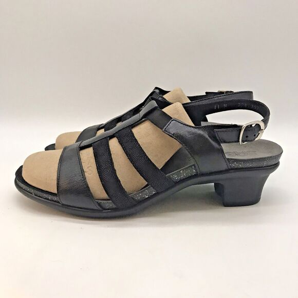 SAS Allegro Leather Heeled Sandals Women's 11 M Strappy Black Elastic Mid Heels - Picture 1 of 11
